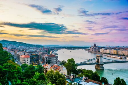 Panoramic view of Budapest with Hungarian Parliament Building on the bank of the Danube and Chain Bridge after sunsetの写真素材