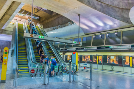 BUDAPEST, HUNGARY - JUL 31, 2019: Interior of Kalvin Ter Metro Station in Budapest, Hungaryのeditorial素材