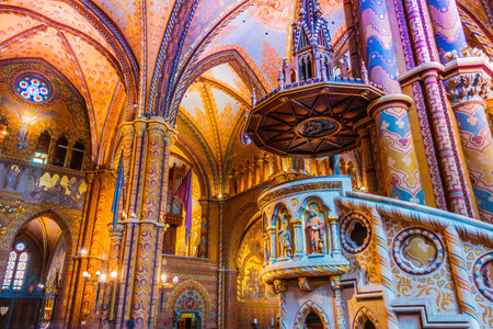 BUDAPEST, HUNGARY - JUL 31, 2019: Interior of Matthias Church on the Castle hill in Budapest, Hungaryのeditorial素材