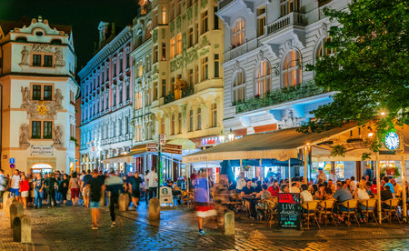 PRAGUE, CZECH REP - AUG 2, 2019: Night view of Karlova Street in downtown Prague, Czech Republicのeditorial素材