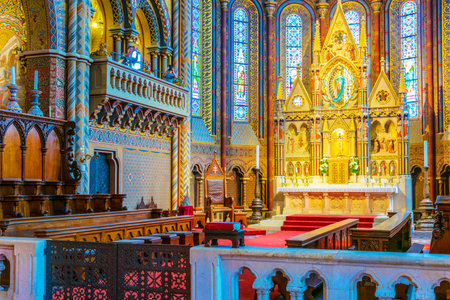 BUDAPEST, HUNGARY - JUL 31, 2019: Interior of Matthias Church on the Castle hill in Budapest, Hungaryのeditorial素材