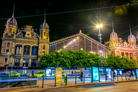 BUDAPEST, HUNGARY - JUL 30, 2019: Nyugati palyaudvar (Western railway station) in Budapest, Hungary by nightのeditorial素材