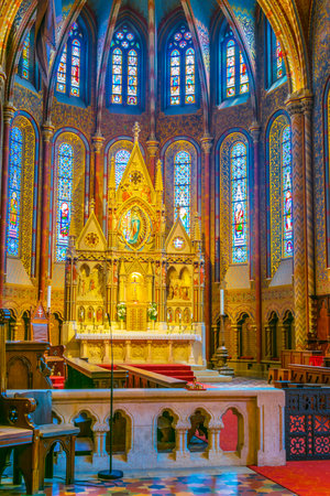 BUDAPEST, HUNGARY - JUL 31, 2019: Interior of Matthias Church on the Castle hill in Budapest, Hungaryのeditorial素材