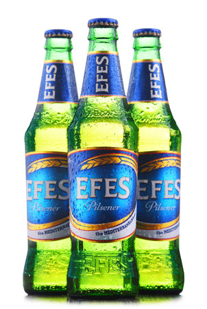 POZNAN, POLAND - AUG 22, 2019: Bottles of Efes Pilsener, the flagship beer of Anadolu Efes company Headquartered in Istanbul, Turkeyのeditorial素材