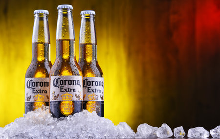 POZNAN, POL - AUG 22, 2019: Bottles of Corona Extra, one of the top-selling beers worldwide, a pale lager produced by Cerveceria Modelo in Mexicoのeditorial素材