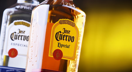POZNAN, POL - AUG 21, 2019: Bottles of Jose Cuervo, a brand of the best-selling tequila in the world, with a 35.1% market share of the tequila sector worldwideのeditorial素材