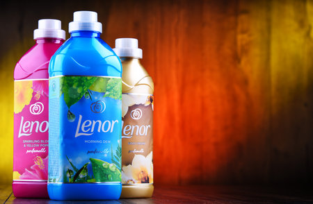 POZNAN, POL - AUG 29, 2019: Bottles of liquid Lenor fabric softener produced by Procter & Gambleのeditorial素材