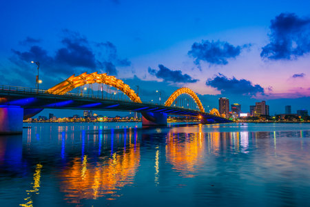 DA NANG, VIETNAM - OCT 4, 2019: Night view of the Dragon Bridge over Han River in Da Nang city in South Central Coast of Vietnamのeditorial素材