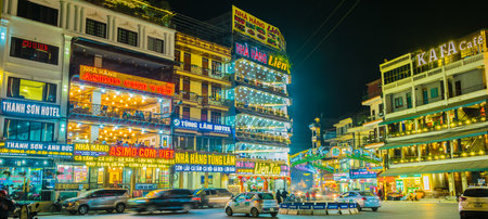 SAPA, VIETNAM - SEP 27, 2019: Street night view of the center of Sapa in Lao Cai Province in northwest Vietnamのeditorial素材