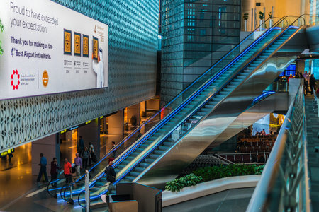DOHA, QATAR - SEP 17, 2019: Interior of Hamad International Airport in Doha, Qatarのeditorial素材