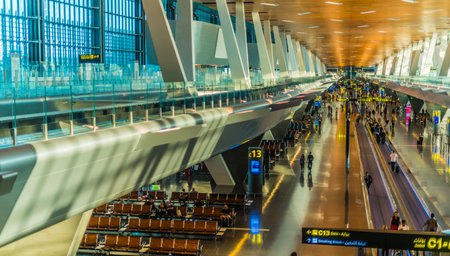 DOHA, QATAR - SEP 17, 2019: Interior of Hamad International Airport in Doha, Qatarのeditorial素材