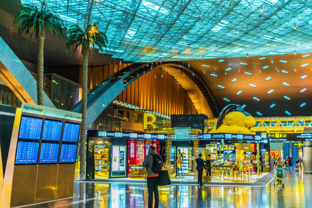 DOHA, QATAR - SEP 17, 2019: Interior of Hamad International Airport in Doha, Qatarのeditorial素材