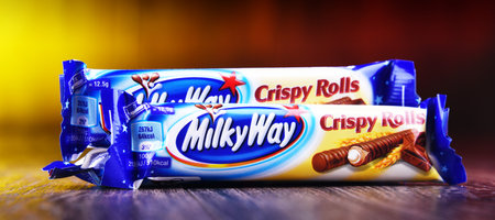 POZNAN, POL - OCT 23, 2019: Chocolate bars of Milky Way, a brand name of confectionery products made...