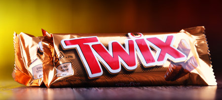POZNAN, POL - OCT 23, 2019: Chocolate bars of Twix, a brand name of confectionery products made by the American company Marsのeditorial素材