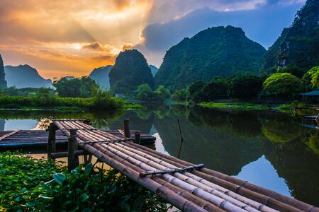 Trang An, a scenic area near Ninh Binh, Vietnamの写真素材