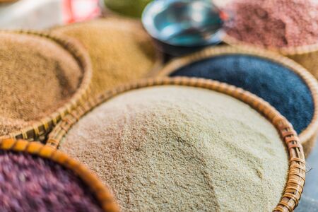Dried food products sold on the street market in Hanoi, Vietnam.の写真素材