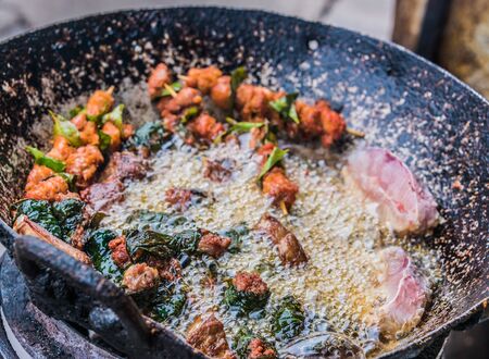 Local food cooked in a street restaurant in Hanoi old town, Vietnam.の写真素材