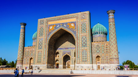 SAMARKAND, UZBEKISTAN - MAY 8, 2019: Architecture of Registan, an old public square in the heart of the ancient city of Samarkand, Uzbekistan.のeditorial素材