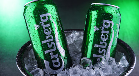POZNAN, POL - NOV 8, 2019: Cans of Carlsberg pale lager beer produced by Carlsberg Group, a Danish brewing company founded in 1847 with headquarters located in Copenhagen, Denmarkのeditorial素材