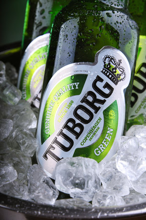 POZNAN, POL - NOV 8, 2019: Bottles of Tuborg beer, produced by a Danish brewing company founded in 1873 near Copenhagenのeditorial素材