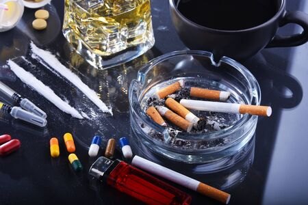 Addictive substances, including alcohol, cigarettes and drugs.の写真素材