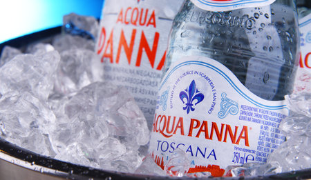POZNAN, POL - JAN 3, 2020: Bottles of Acqua Panna, an Italian brand of bottled water and one of the world's largest bottled water brandsのeditorial素材
