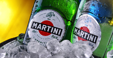 POZNAN, POLAND - DEC 23, 2019: Products of Martini, famous Italian vermouth,  the world's fourth most powerful alcoholic brand produced in Turin by Martini and Rossi since 1863のeditorial素材