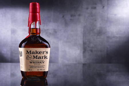 POZNAN, POL - JAN 29, 2020: Bottle of Maker's Mark, a small-batch bourbon whiskey produced in...