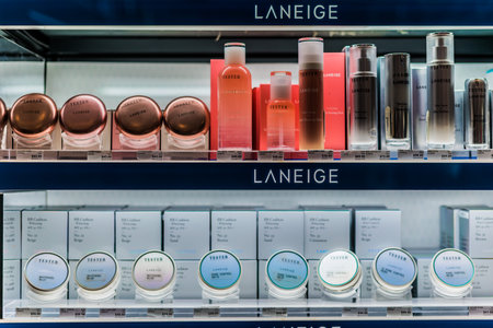 SINGAPORE - MAR 5, 2020: Cosmetics and skincare products on a store shelf in Sephora shop, a French...