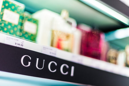 SINGAPORE - MAR 5, 2020: Bottles of perfume by Gucci on a store shelfのeditorial素材