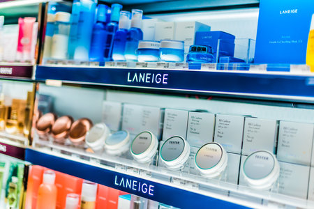 SINGAPORE - MAR 5, 2020: Cosmetics and skincare products on a store shelf in Sephora shop, a French multinational chain of personal care and beauty storesのeditorial素材