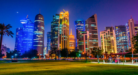 DOHA, QATAR - FEB 26, 2020: Downtown waterfront of Doha, Qatar after sunsetのeditorial素材