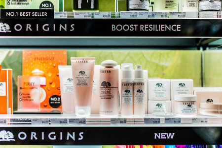 SINGAPORE - MAR 5, 2020: Cosmetics and skincare products on a store shelf in Sephora shop, a French...