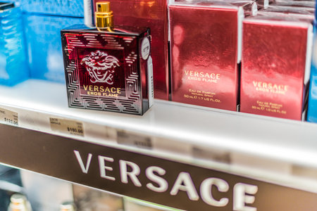 SINGAPORE - MAR 5, 2020: Bottles of perfume by Versace on a store shelfのeditorial素材