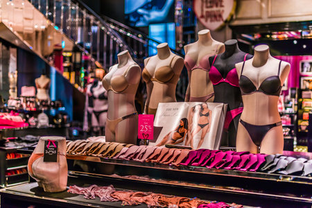 SINGAPORE - MAR 4, 2020: Interior of Victoria's Secret store, an American designer, manufacturer, and marketer of women's lingerie, womenswear, and beauty productsのeditorial素材