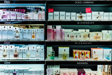SINGAPORE - MAR 5, 2020: Cosmetics and skincare products on a store shelf in Sephora shop, a French multinational chain of personal care and beauty storesのeditorial素材