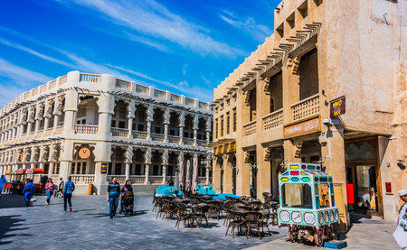 DOHA, QATAR - FEB 27, 2020: Traditional architecture of Souq Waqif, popular touristic destination in Doha, Qatarのeditorial素材