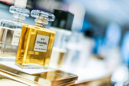 SINGAPORE - MAR 5, 2020: Bottles of Chanel No. 5 perfume on a store shelfのeditorial素材