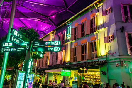 SINGAPORE - MAR 3, 2020: Clarke Quay after sunset, popular nightlife district of Singaporeのeditorial素材