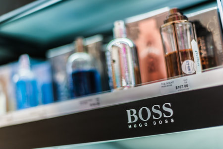 SINGAPORE - MAR 5, 2020: Bottles of perfume by Hugo Boss on a store shelfのeditorial素材
