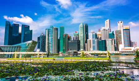 SINGAPORE - MAR 1, 2020: Singapore downtown business architecture seen from Marina Bay Waterfront Promenadeのeditorial素材