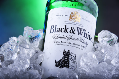 POZNAN, POL - NOV 21, 2019: Bottle of Black and White, a blended Scotch whisky, manufactured by Diageo, originally produced by James Buchanan in Londonのeditorial素材