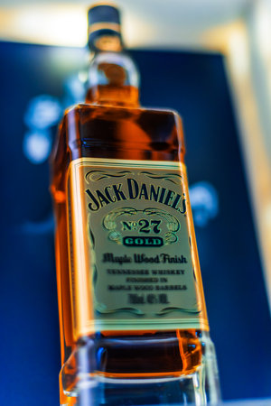 SINGAPORE - MAR 7, 2020: Bottle of Jack Daniels Gold No. 27, a brand of the best selling American whiskey in the world,  produced by the Jack Daniel Distillery and owned by the Brown-Forman Corp.のeditorial素材