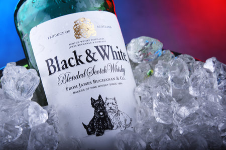 POZNAN, POL - NOV 21, 2019: Bottle of Black and White, a blended Scotch whisky, manufactured by Diageo, originally produced by James Buchanan in Londonのeditorial素材