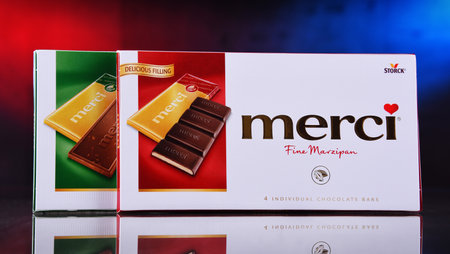 POZNAN, POL - APR 7, 2020: Box of Merci, a brand of European chocolate candy produced by the German company August Storck KG, headquartered in Berlinのeditorial素材