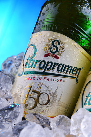 POZNAN, POL - APR 7, 2020: Bottles of Staropramen, the flagship product of Staropramen Brewery. The company owned by Molson Coors and located in Prague is the second largest brewery in the Czech Rep.のeditorial素材
