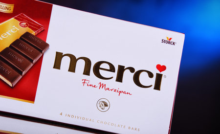 POZNAN, POL - APR 7, 2020: Box of Merci, a brand of European chocolate candy produced by the German company August Storck KG, headquartered in Berlinのeditorial素材