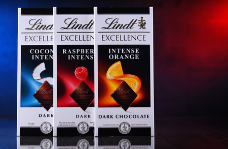 POZNAN, POL - APR 7, 2020: Chocolate bars of Lindt, a Swiss chocolatier and confectionery company founded in 1845 in Zurichのeditorial素材