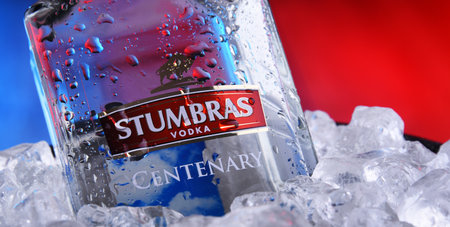 POZNAN, POL - APR 7, 2020: Bottle of Stumbras, a brand of vodka produced in Kaunas, Lithuaniaのeditorial素材