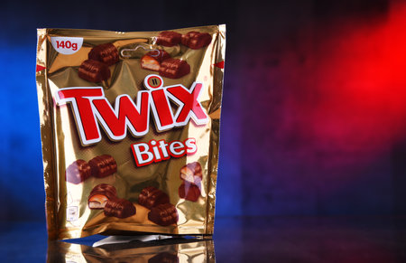 POZNAN, POL - APR 7, 2020: Package of Twix, a brand name of confectionery products made by the American company Marsのeditorial素材